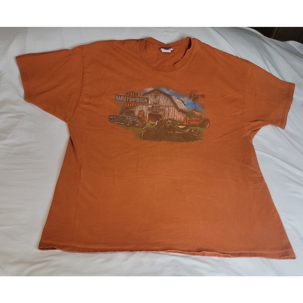 Harley Davidson T Shirt Mens 2XL Orange Barn Farm Graphic Biker Motorcycle USA